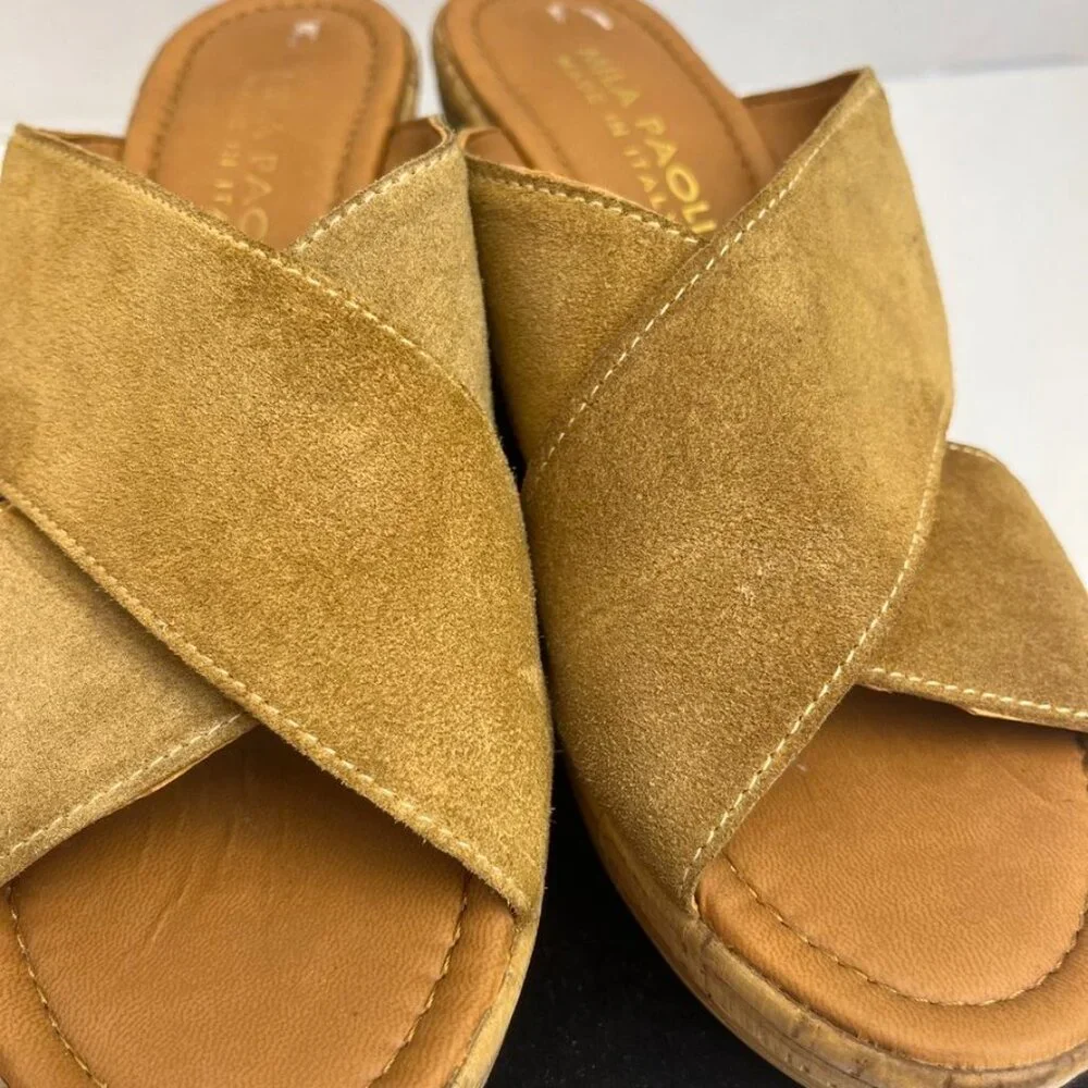 Mila Paoli Italy Suede Cross Strap Cork Wedge Sandals Tan – Est. US 7